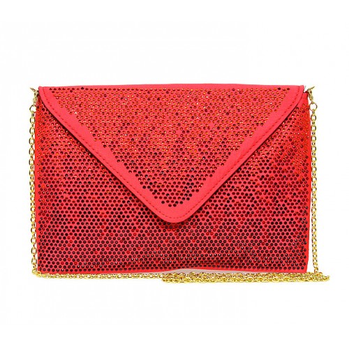 Evening Bag - Satin Envelope Clutch w/ Gradient Colored Rhinestones - Red -BG-EBP2043RD